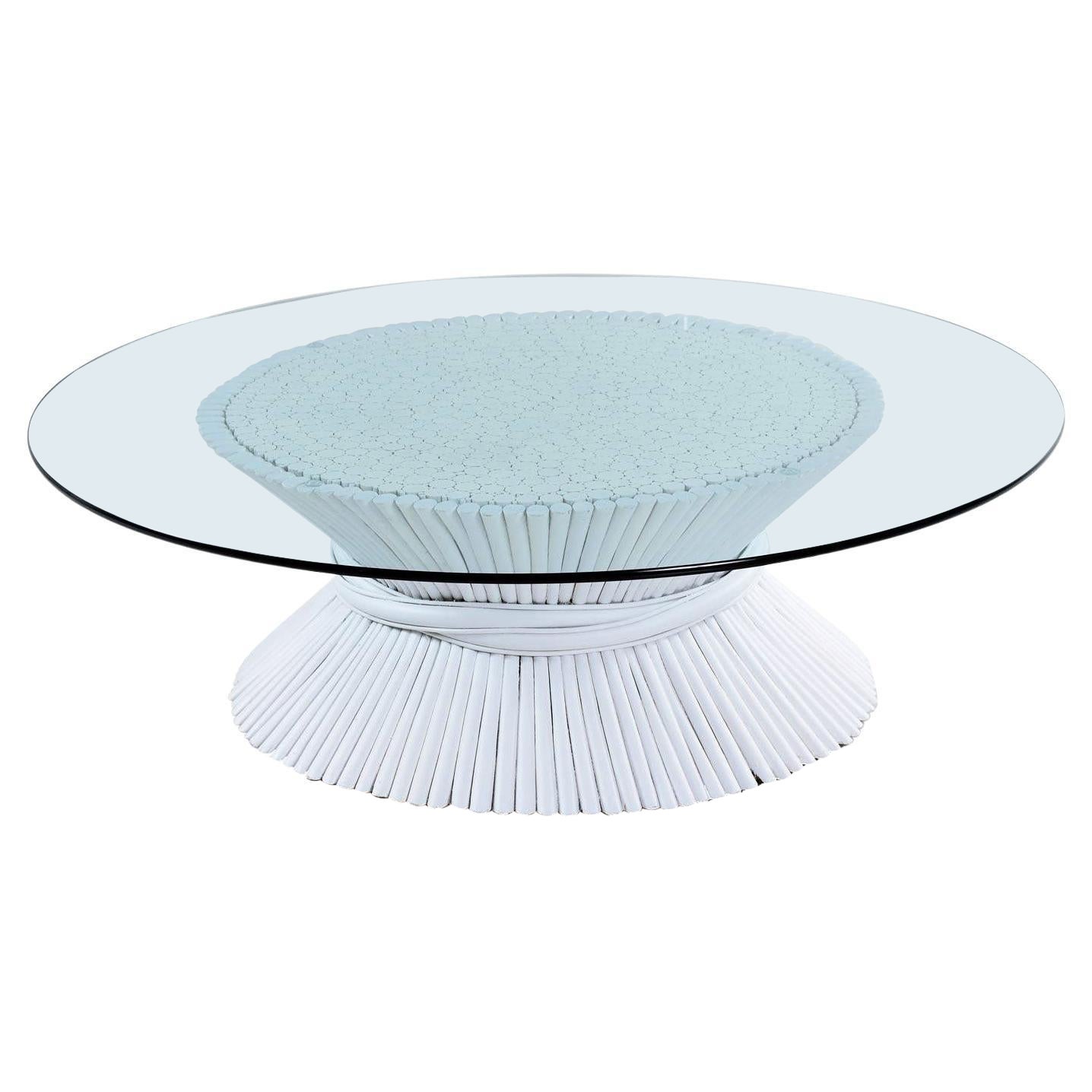 McGuire Coastal White Rattan Wheat Sheaf Coffee Table with Round Glass For Sale