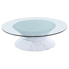 Used McGuire Coastal White Rattan Wheat Sheaf Coffee Table with Round Glass