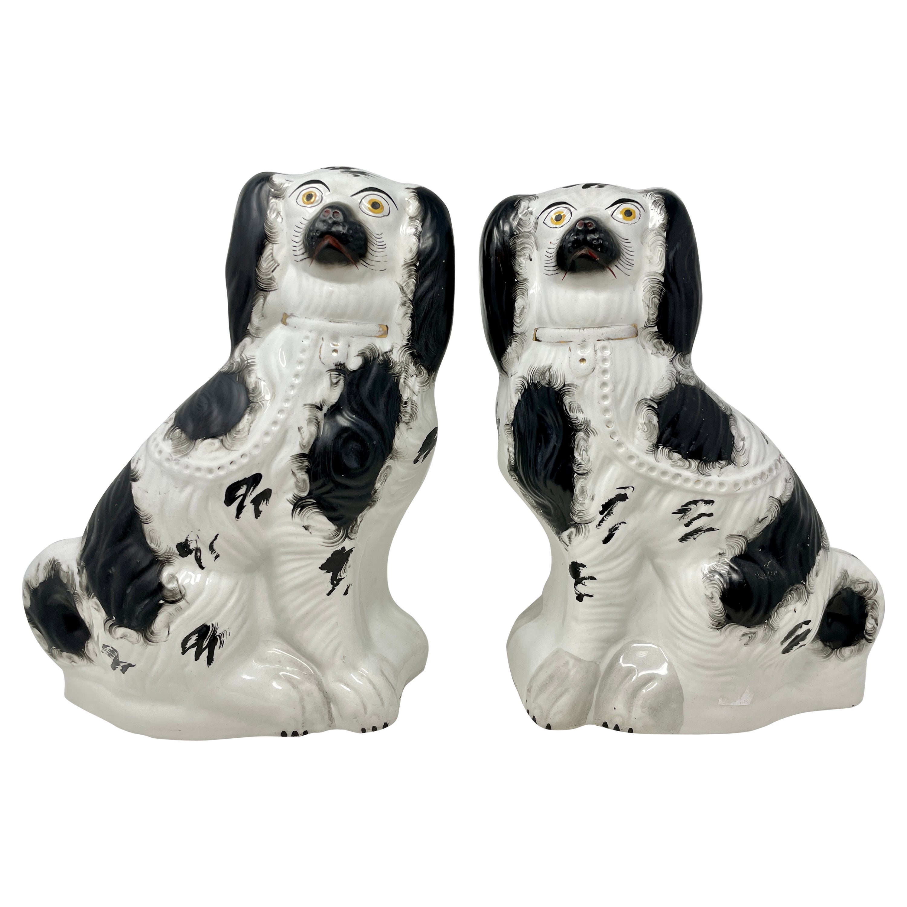 Pair Antique English Staffordshire Porcelain King Charles Spaniel Dogs, Ca 1880s