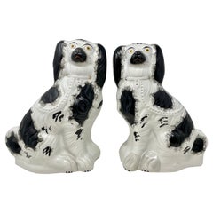 Pair Antique English Staffordshire Porcelain King Charles Spaniel Dogs, Ca 1880s