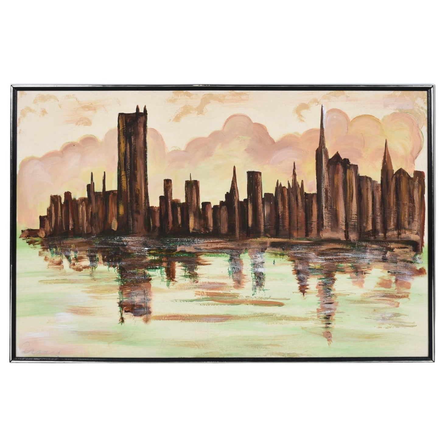 Grande peinture de paysage urbain à lignes d'horizon de style Lee Reynolds, mi-siècle moderne en vente