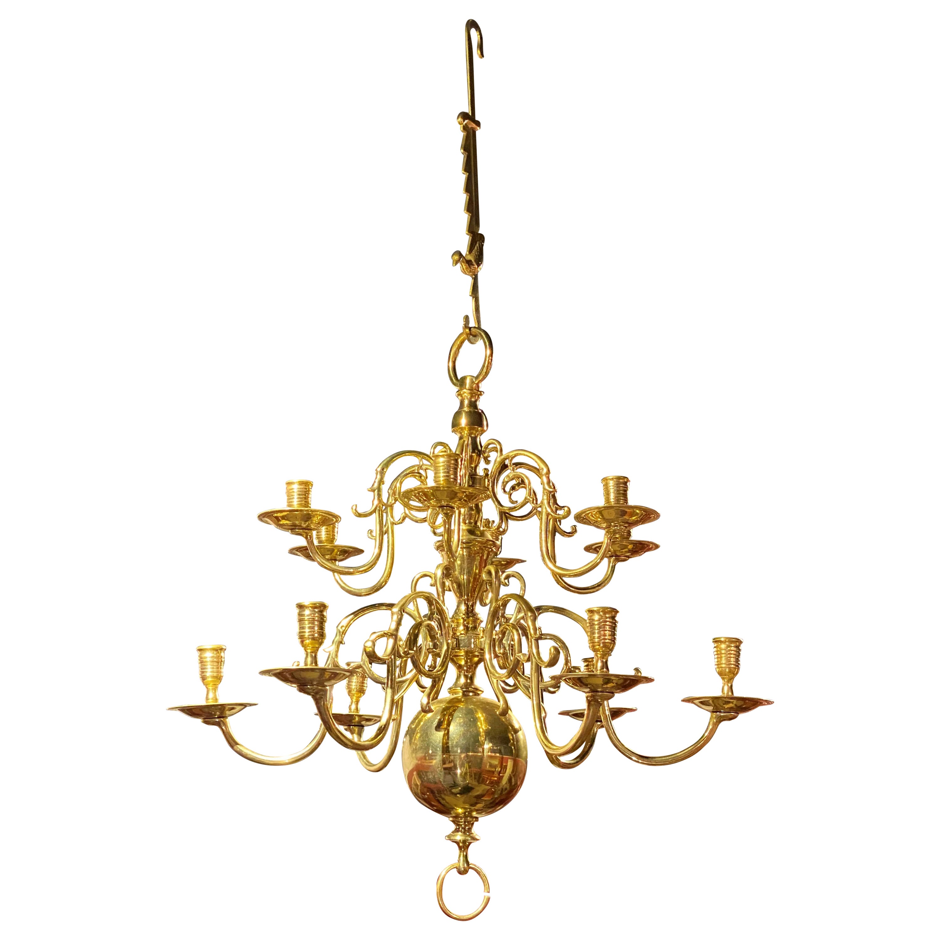 19th Century Dutch Two Tier Brass 12-Light Chandelier with Ratchet For Sale