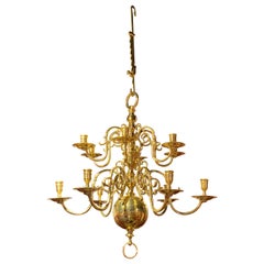 19th Century Dutch Two Tier Brass 12-Light Chandelier with Ratchet
