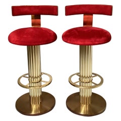 Pair of 1970's Brass and Red Velvet Swivel Bar Stools