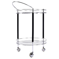 Machine Age Chrome Black and Glass Round Vintage Bar Cart on Wheels