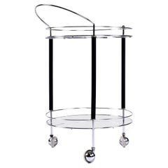 Machine Age Chrome Black and Glass Round Vintage Bar Cart on Wheels