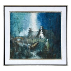 Retro Sublime Expressionist Blue White and Teal Village Landscape Painting with Boat