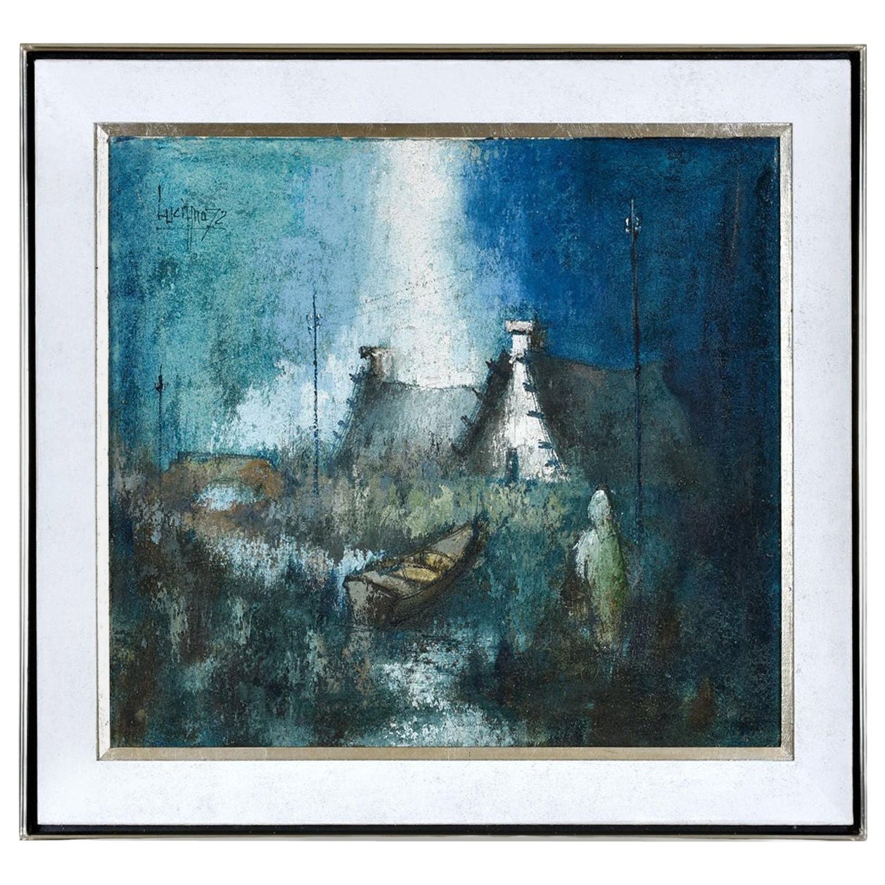 Sublime Expressionist Blue White and Teal Village Landscape Painting with Boat For Sale