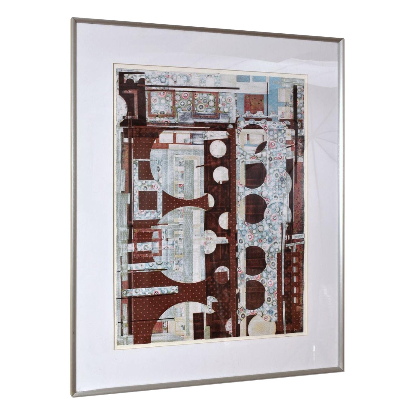 Kathleen Bridges Multi Layered Paper Collage Oxblood Red Blue Geometric Pattern