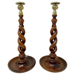 Pair Antique English Victorian Oak Barley Twist Candlesticks with Brass Mounts