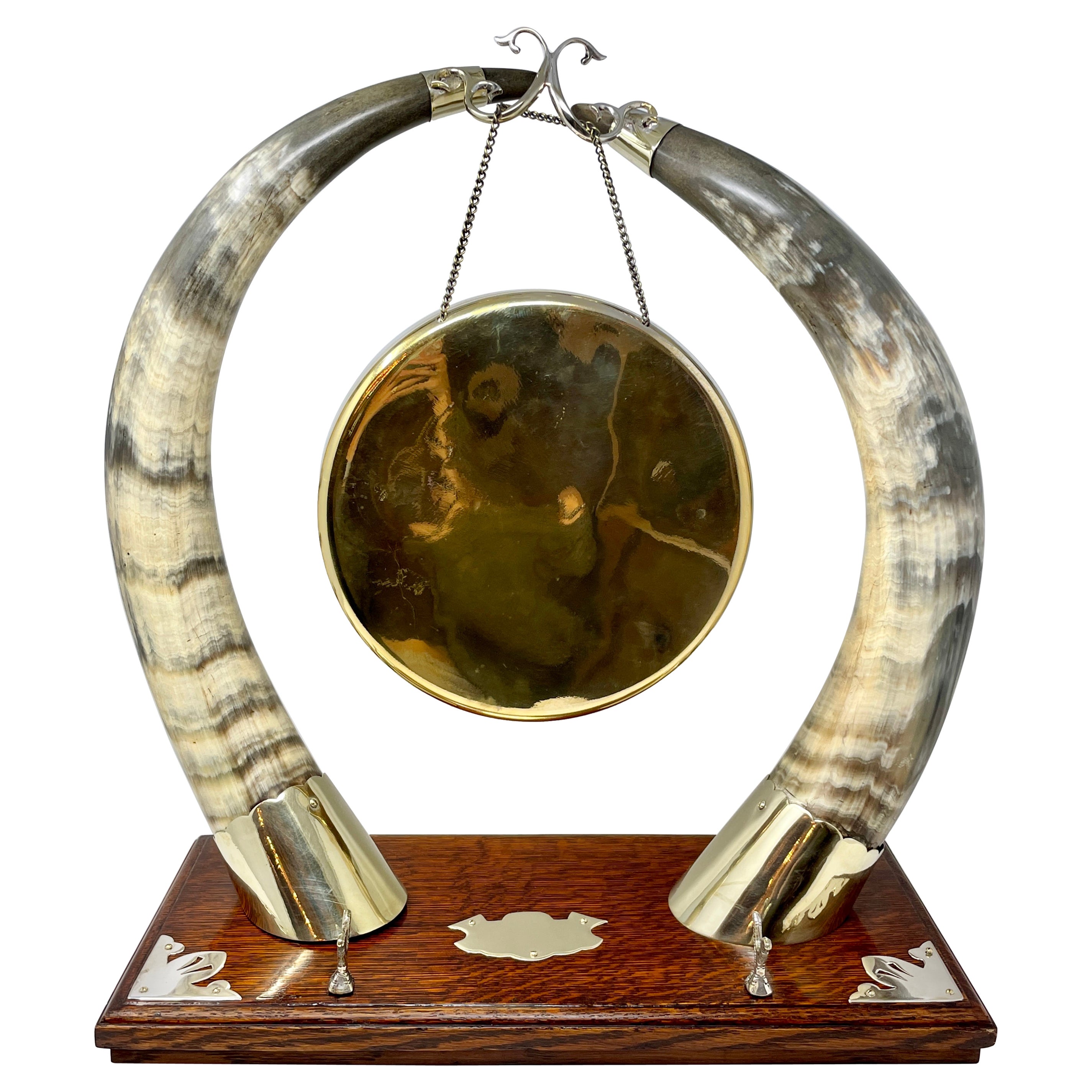 Antique English Victorian Dinner Gong with Sheffield Silver-Plated Bovine Horns For Sale