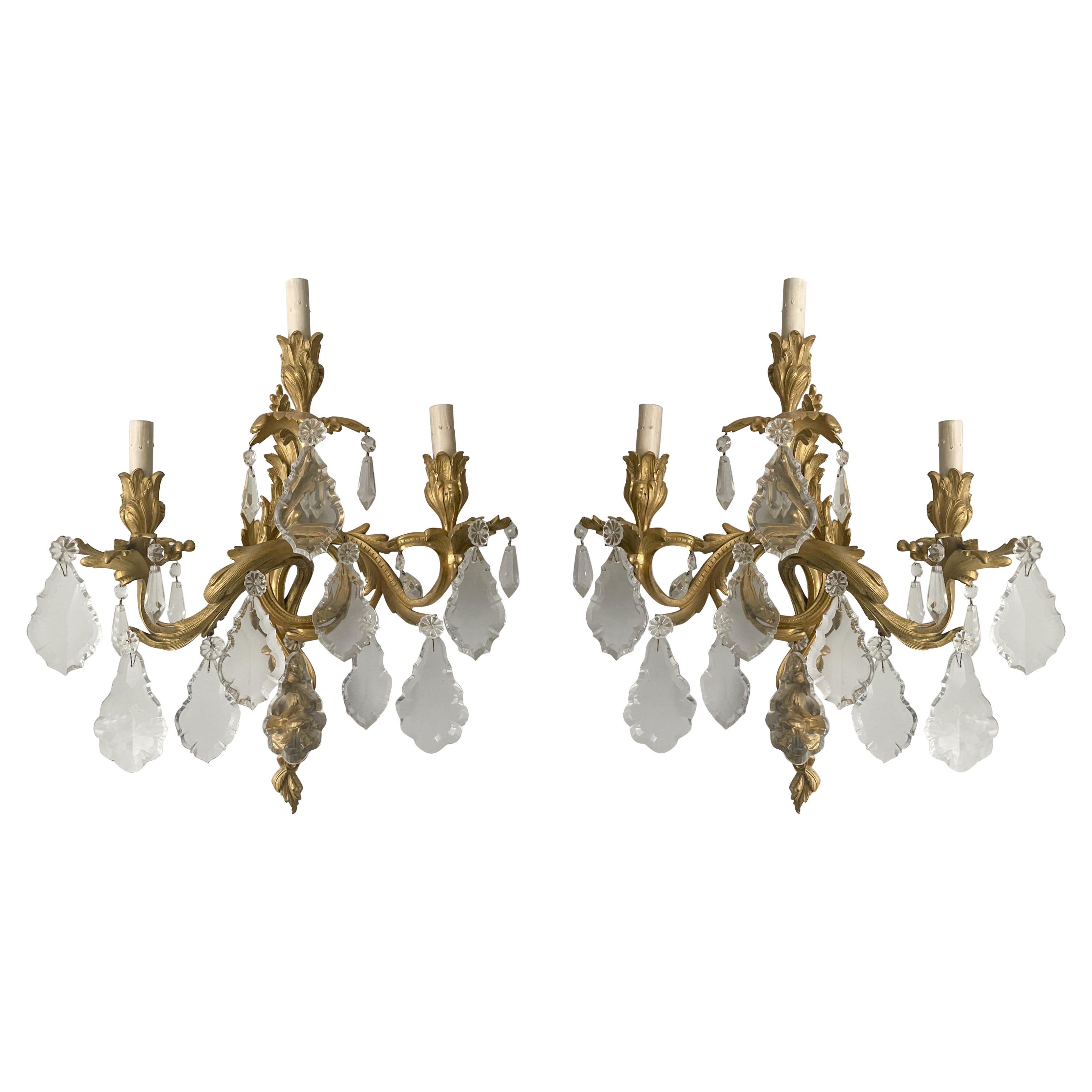 French Louis XV-Style Bronze Ormolu And Crystal Sconces