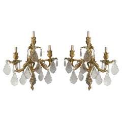 French Louis XV-Style Bronze Ormolu And Crystal Sconces