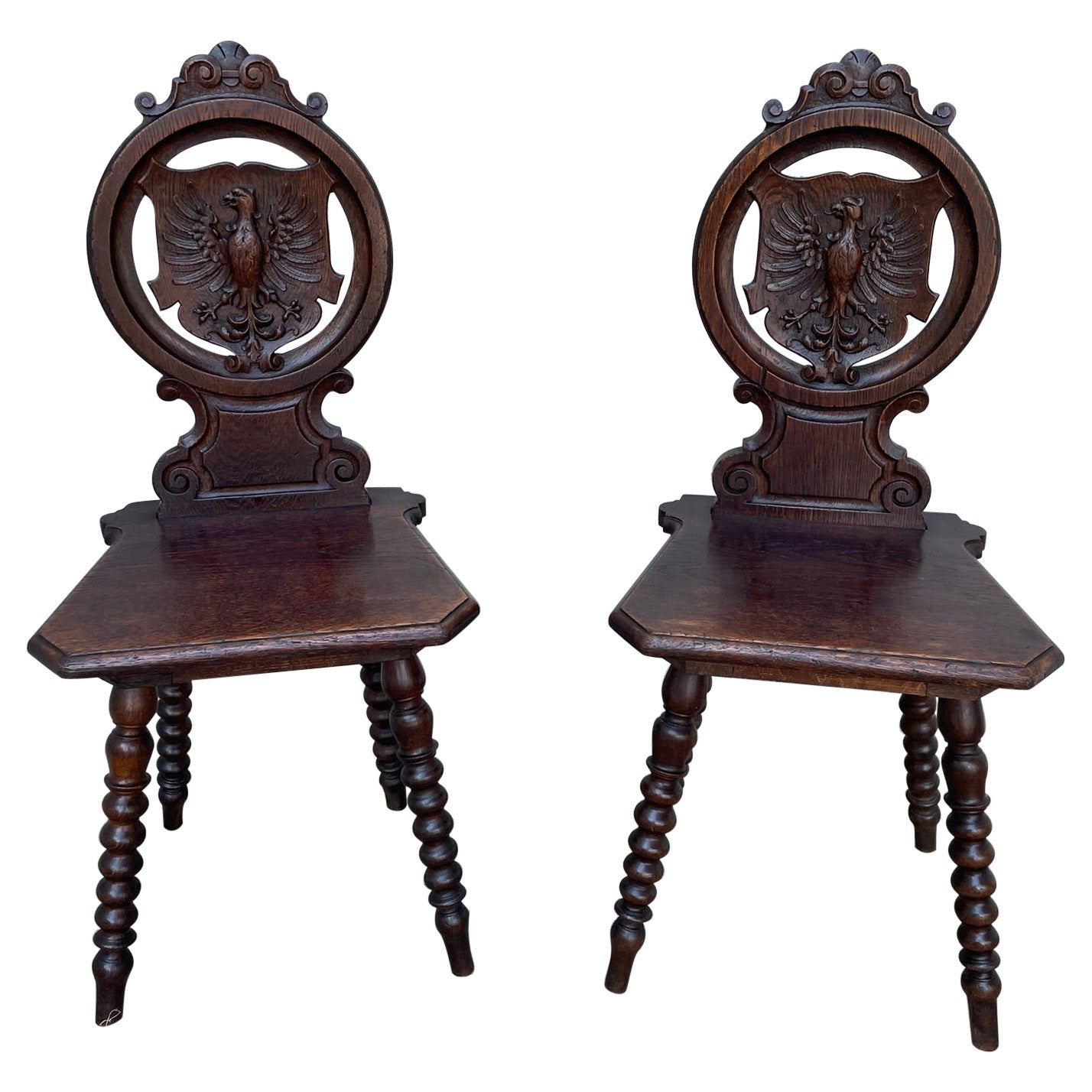 Pair 19th Century Swiss Black Forest Carved Oak Side Chairs