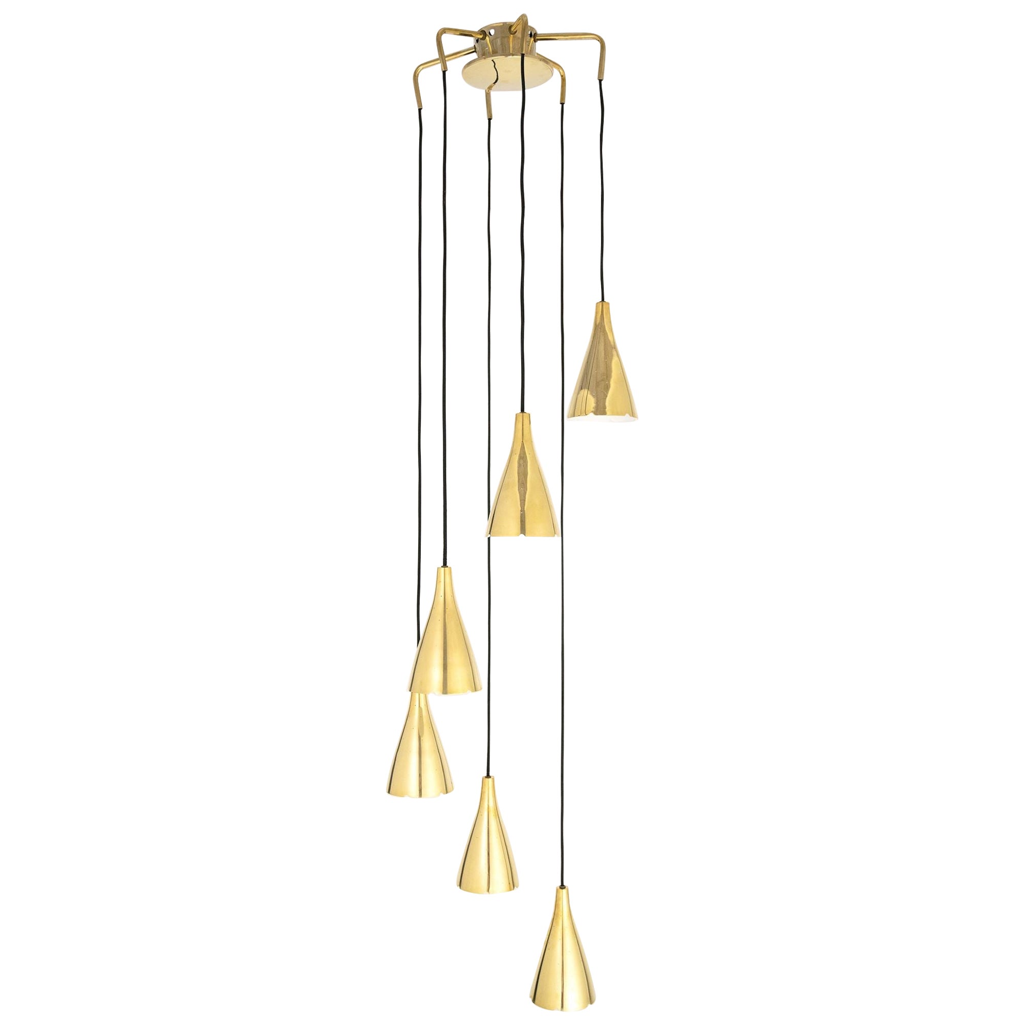 Six Armed Brass Pendant by Paavo Tynell for Taito Oy For Sale