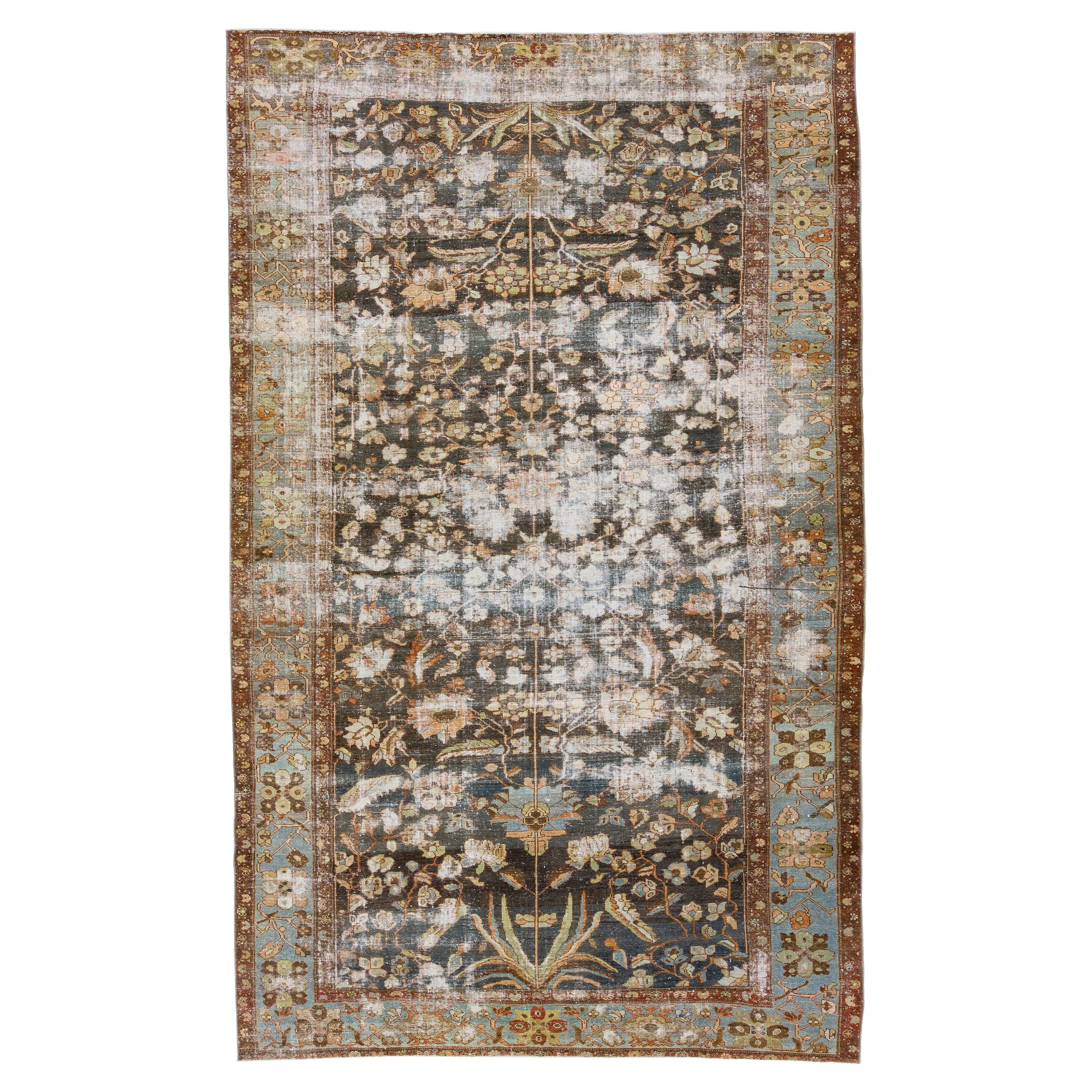 Antique Malayer Handmade Allover Pattern Distressed Blue Wool Rug For Sale