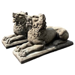 Retro Monumental Neo-Classical Style Garden Concrete Recumbent Lions / Statue-Pair
