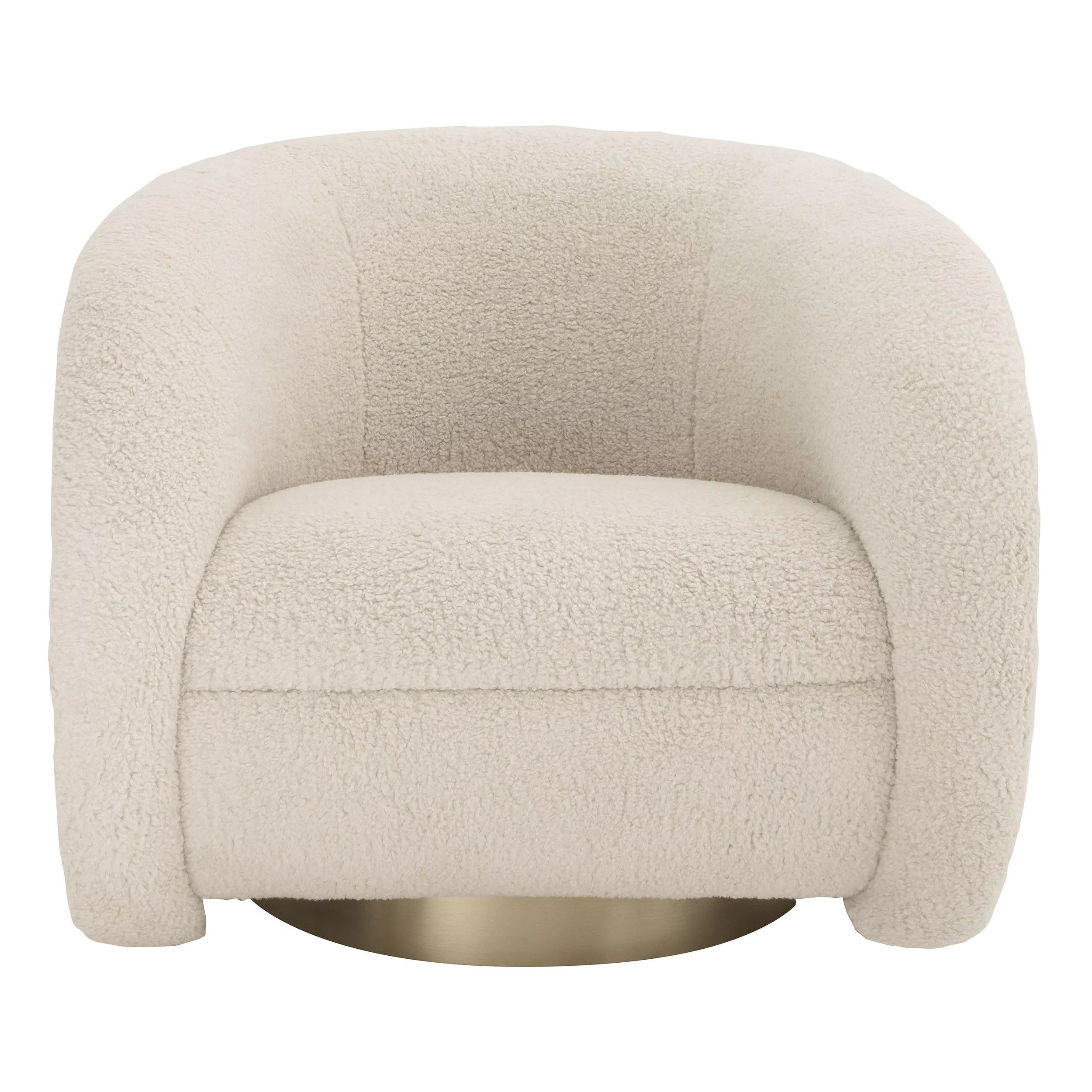 Drehbarer und geschwungener Sessel aus beigefarbenem Boucl-Stoff und Messingbezug