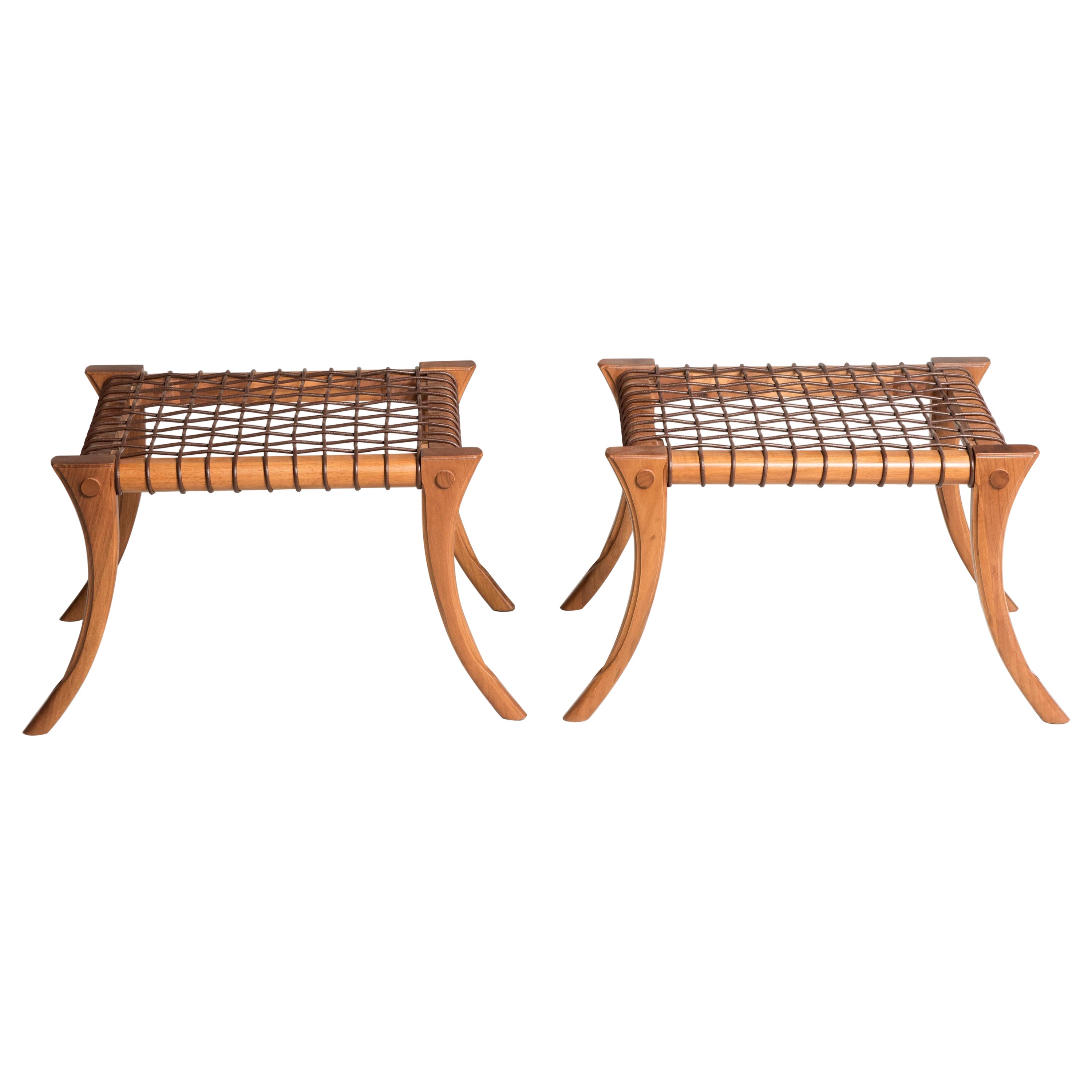 Saber Legs Wood and Brown Woven Leather Stools Customizable Upholstery and Wood