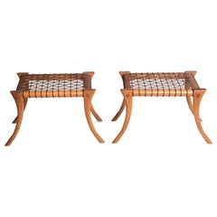 Saber Legs Wood and Brown Woven Leather Stools Customizable Upholstery and Wood