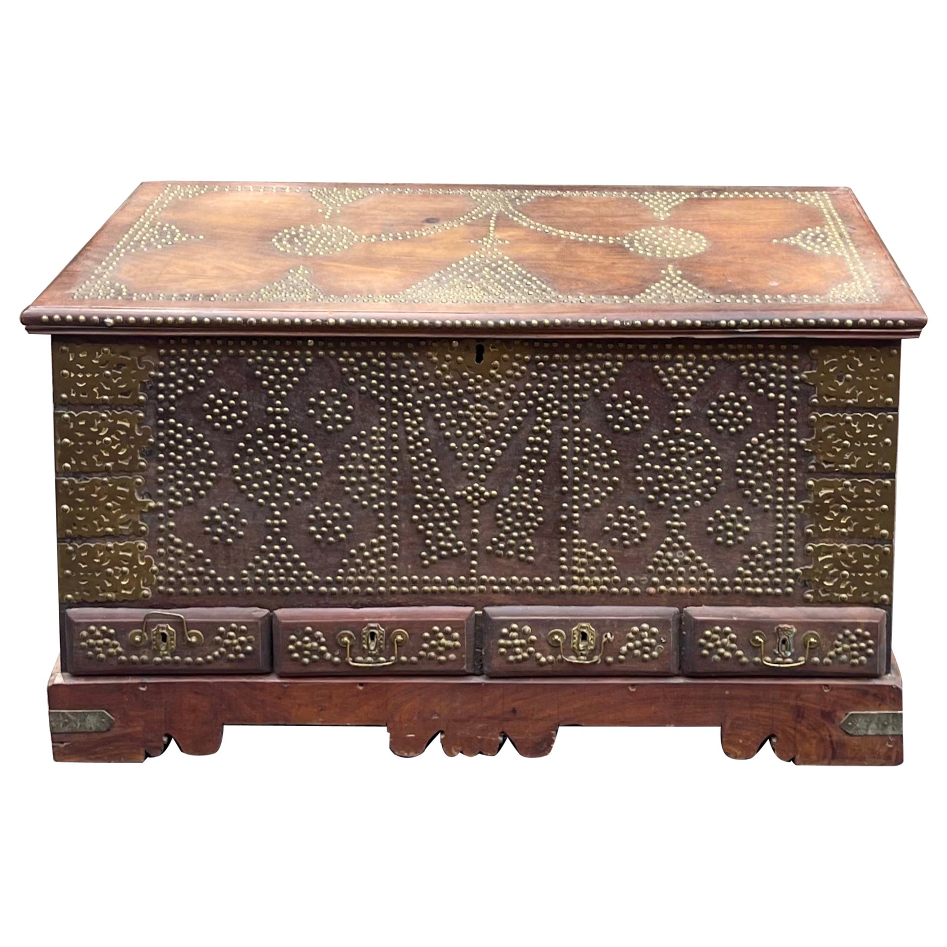 19th-C. Anglo-Indian Brass Clad Hand Forged Padauk Wood Trunk / Coffee Table 