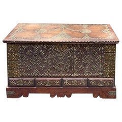 19th-C. Anglo-Indian Brass Clad Hand Forged Padauk Wood Trunk / Coffee Table