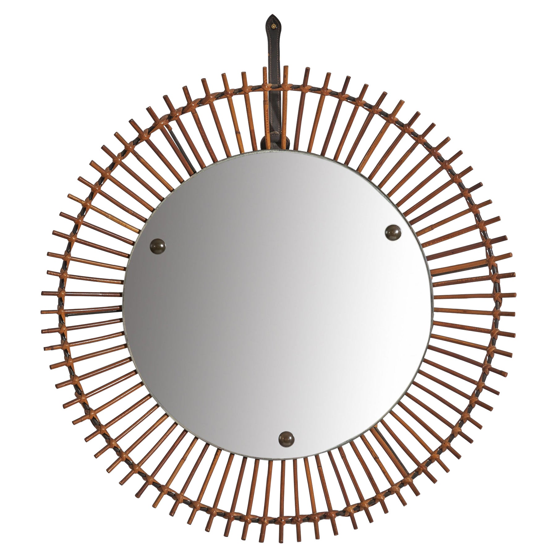 Italian Designer, Circular Wall Mirror, Rattan, Mirror Glass, Italy, C. 1950s For Sale