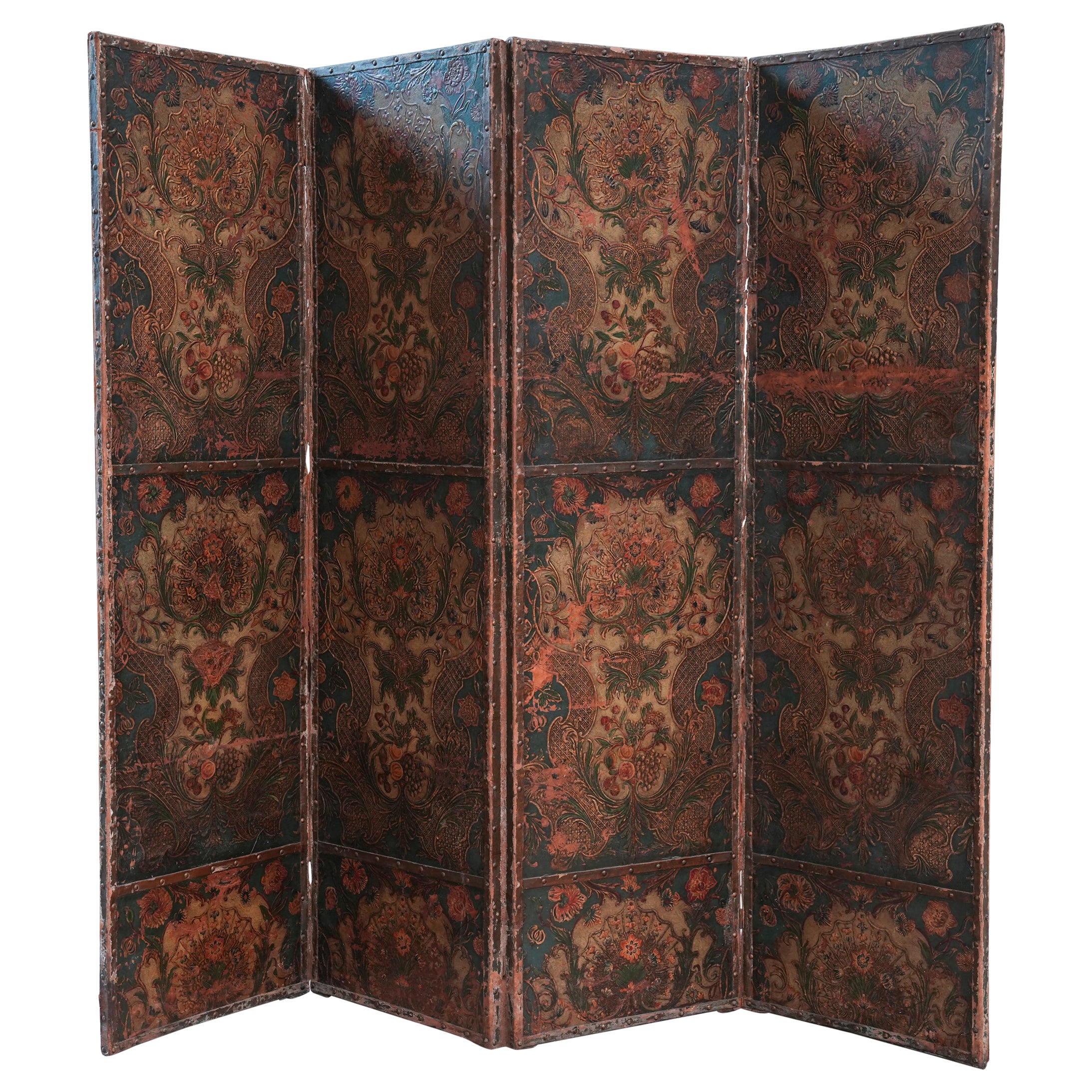 19th Century Embossed & Decorated Leather Room Screen