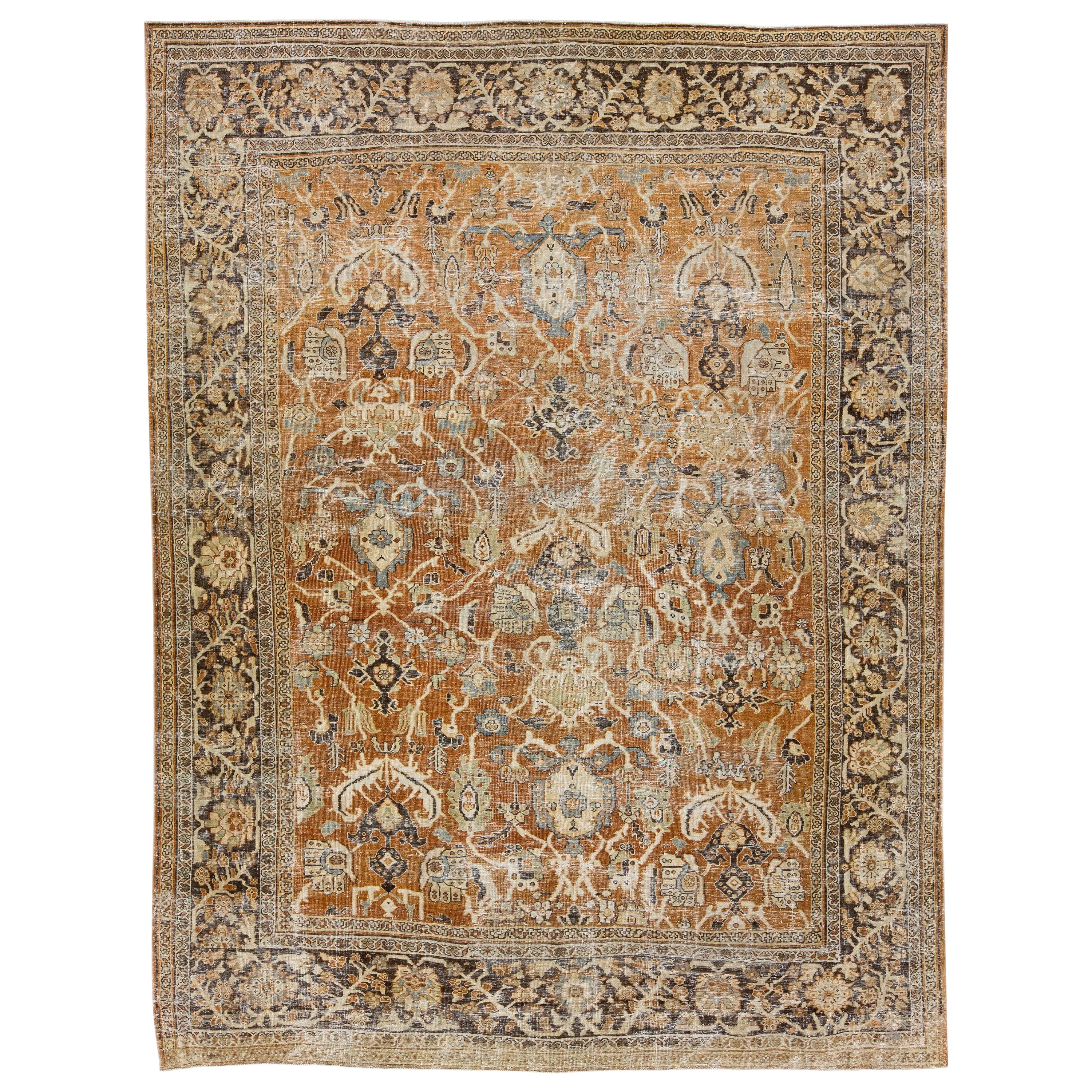 Tapis persan Mahal ancien en laine vieillie rouille fait à la main avec motifs floraux