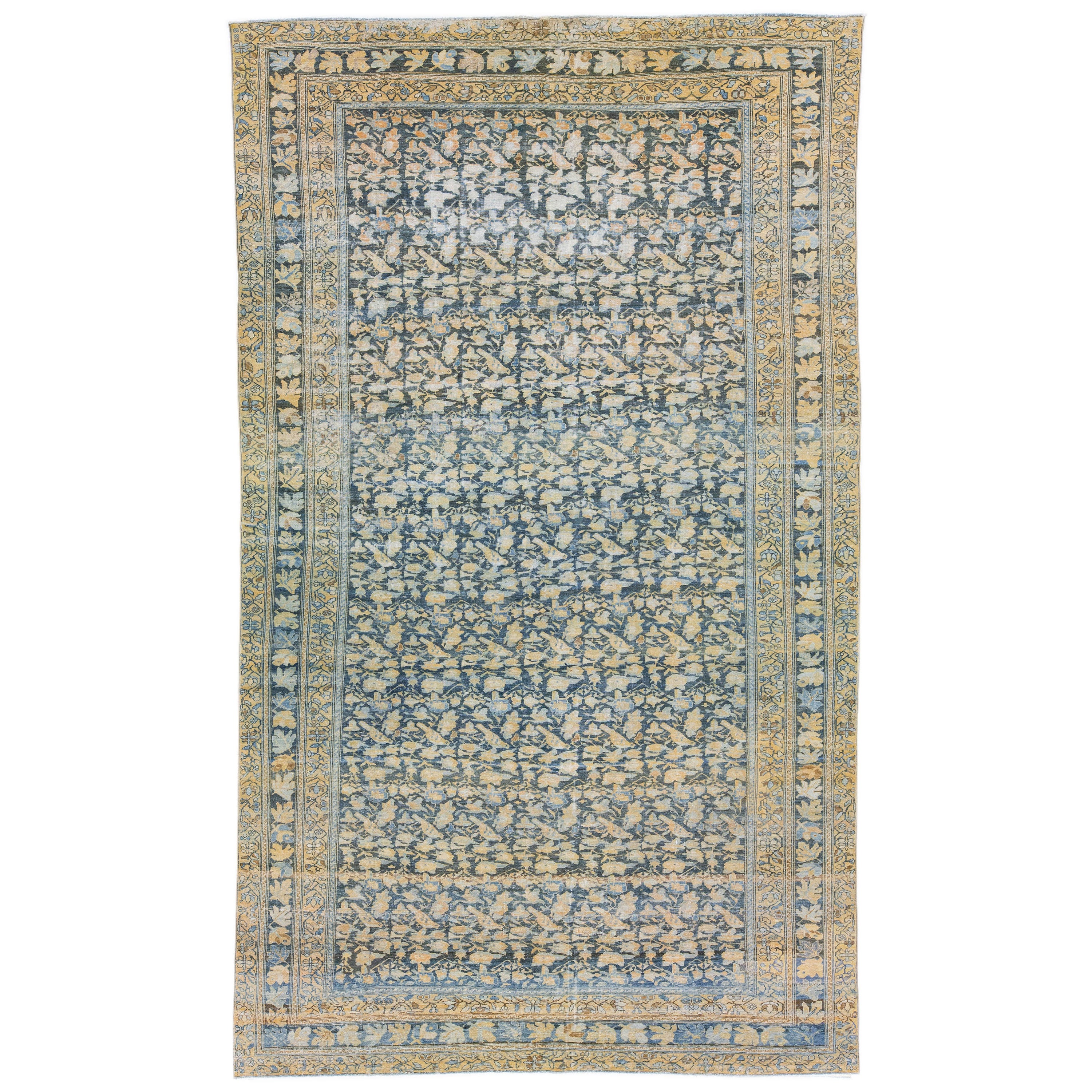Antique Sarouk Farahan Persian Blue Handmade Floral Motif  Wool Rug