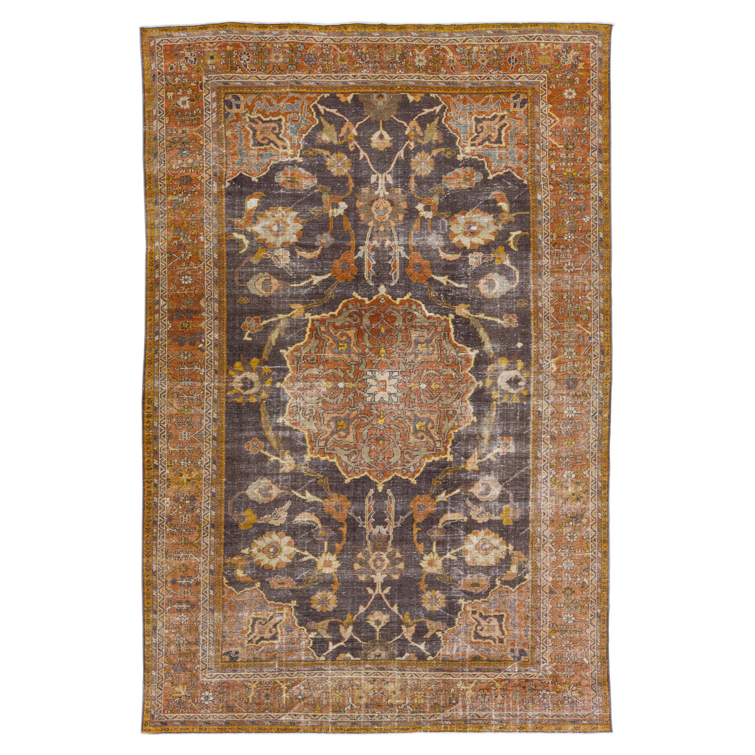 Antique Persian Mahal  Handmade Grey & Orange Wool Rug with Medallion Design For Sale
