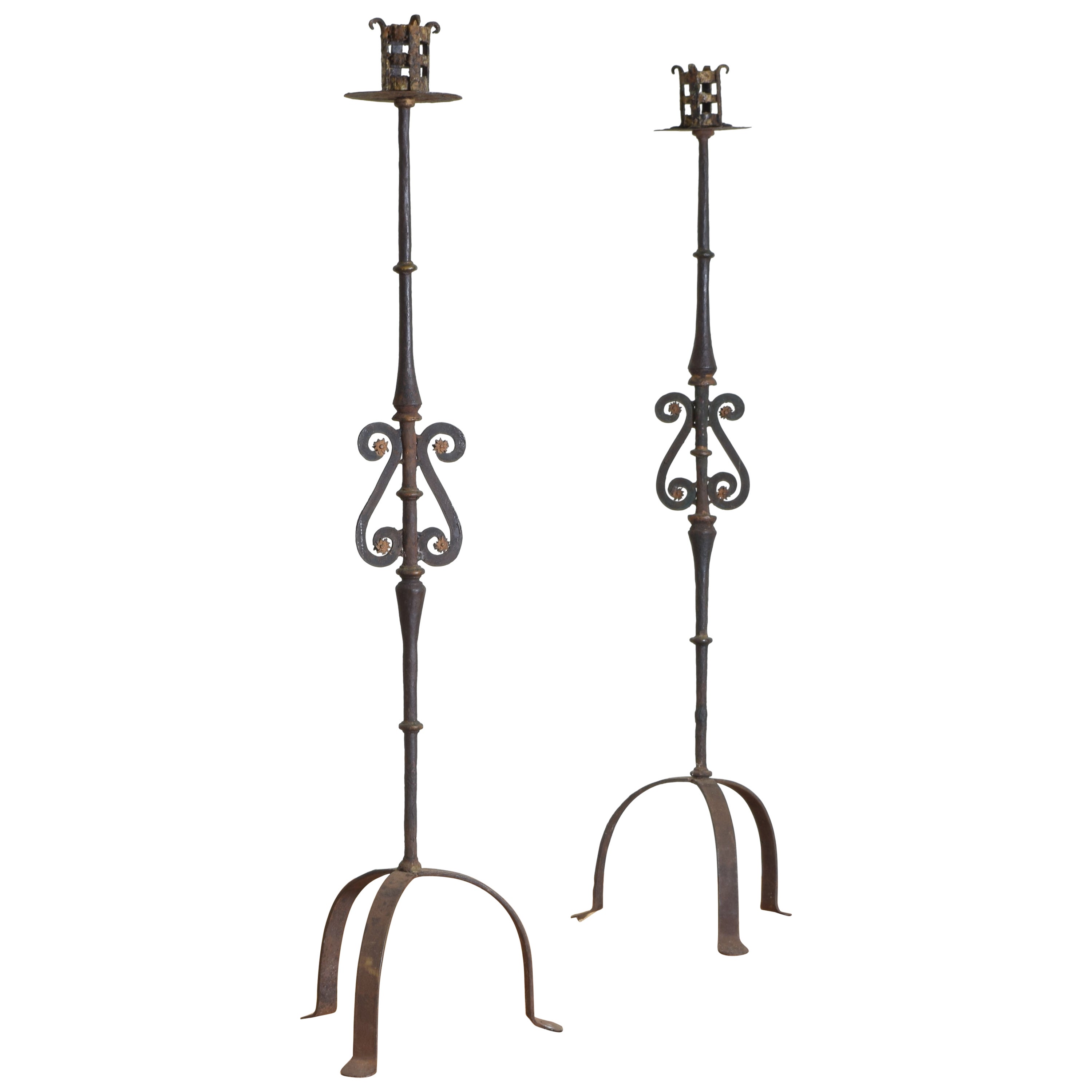 Italian Baroque Style Pair of Wrought Iron Torcheres, 19th C.