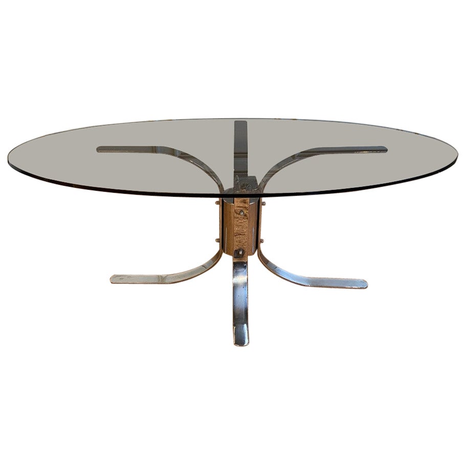 Table Modernist, Chromed Foot and Smoked Glass Top, Italy, 1960s For Sale