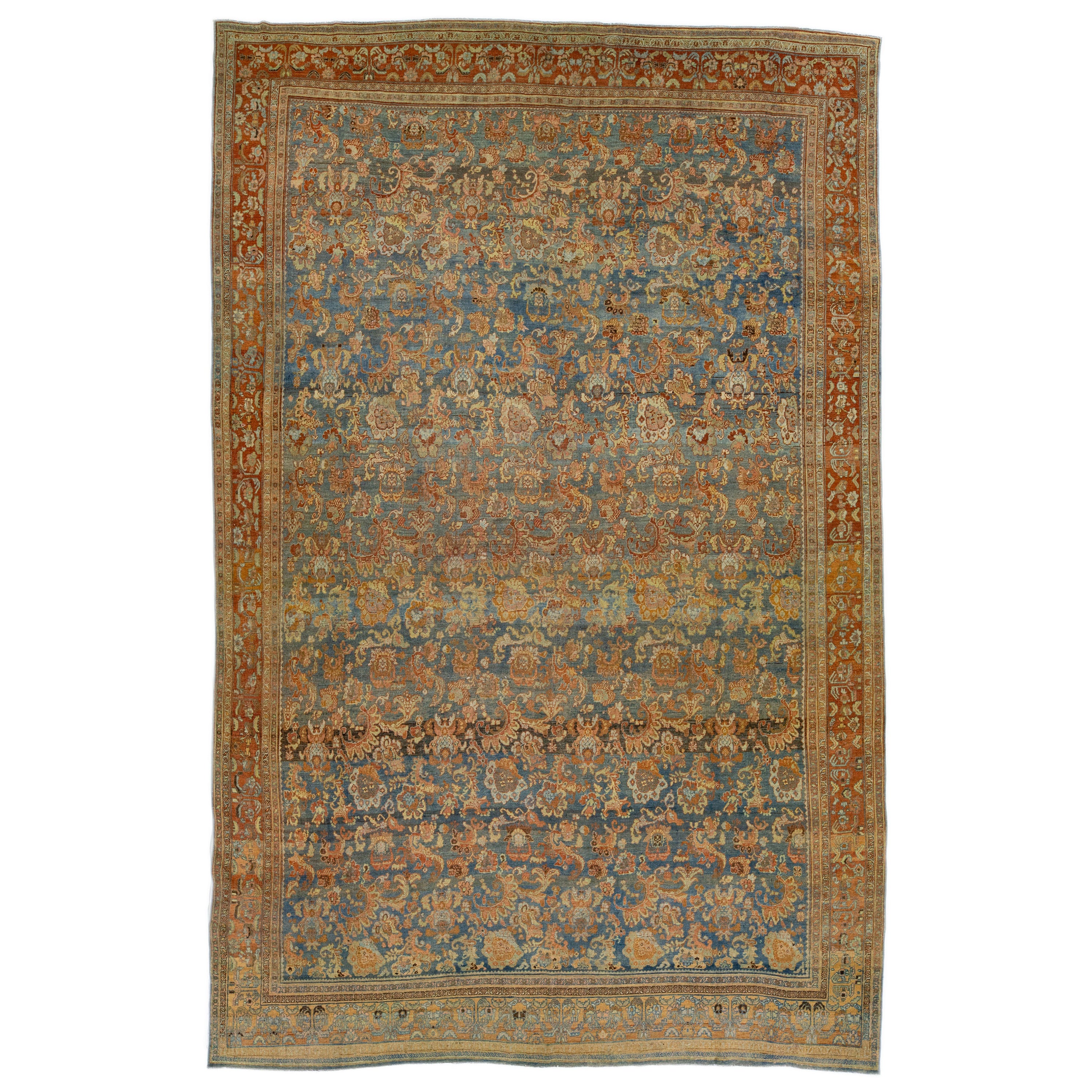 Antique Bidjar Handmade Floral Oversize Rust and Blue Wool Rug
