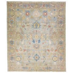 Blue Contemporary Sultanabad Handmade Floral Motif Wool Rug