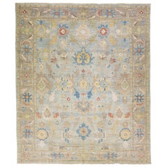 Tapis en laine bleu contemporain Sultanabad à motifs floraux fait à la main