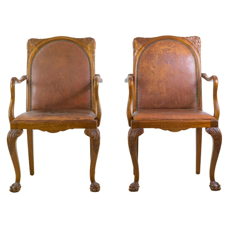 Two Hand Carved Oak Lion Feet Leather Armchairs European For Sale at