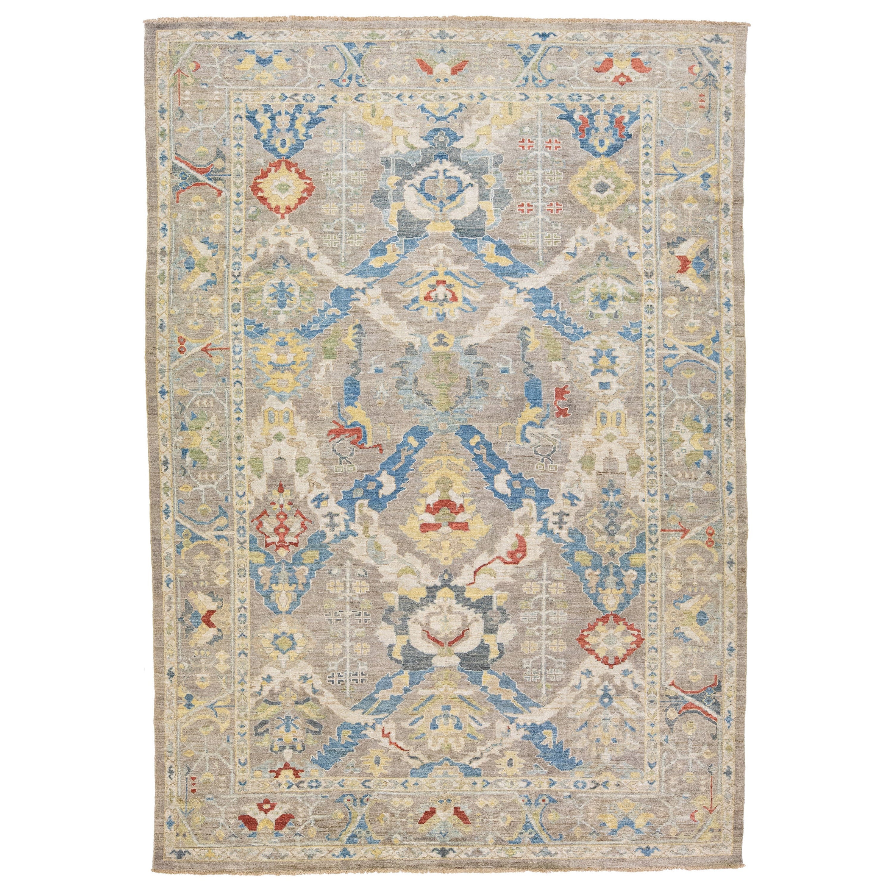Gray Modern Sultanabad Handmade Floral Wool Rug For Sale