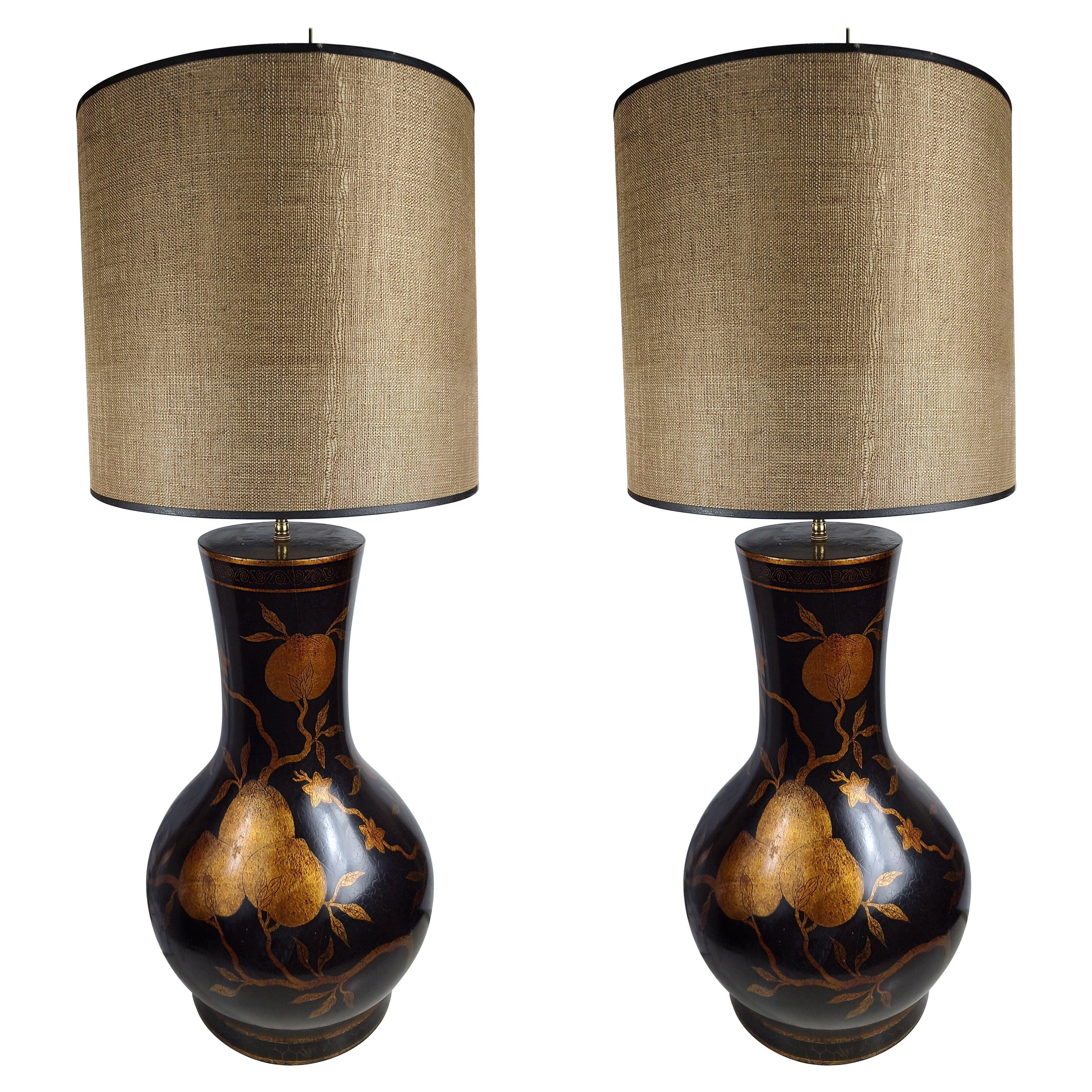 Pair of Monumental Hollywood Regency Table Lamps w Gilt Leaves in a Gourd Form