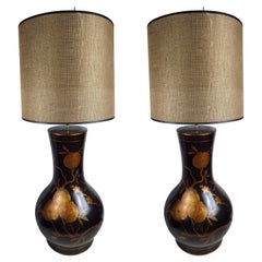 Pair of Monumental Table Lamps with Gilt Leaves in a Gourd Form