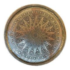 Antique 19th Century Moroccan Brass Tray with Incised Decoration