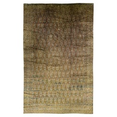 Brown Vintage Indian Agra Handmade Allover Floral Wool Rug