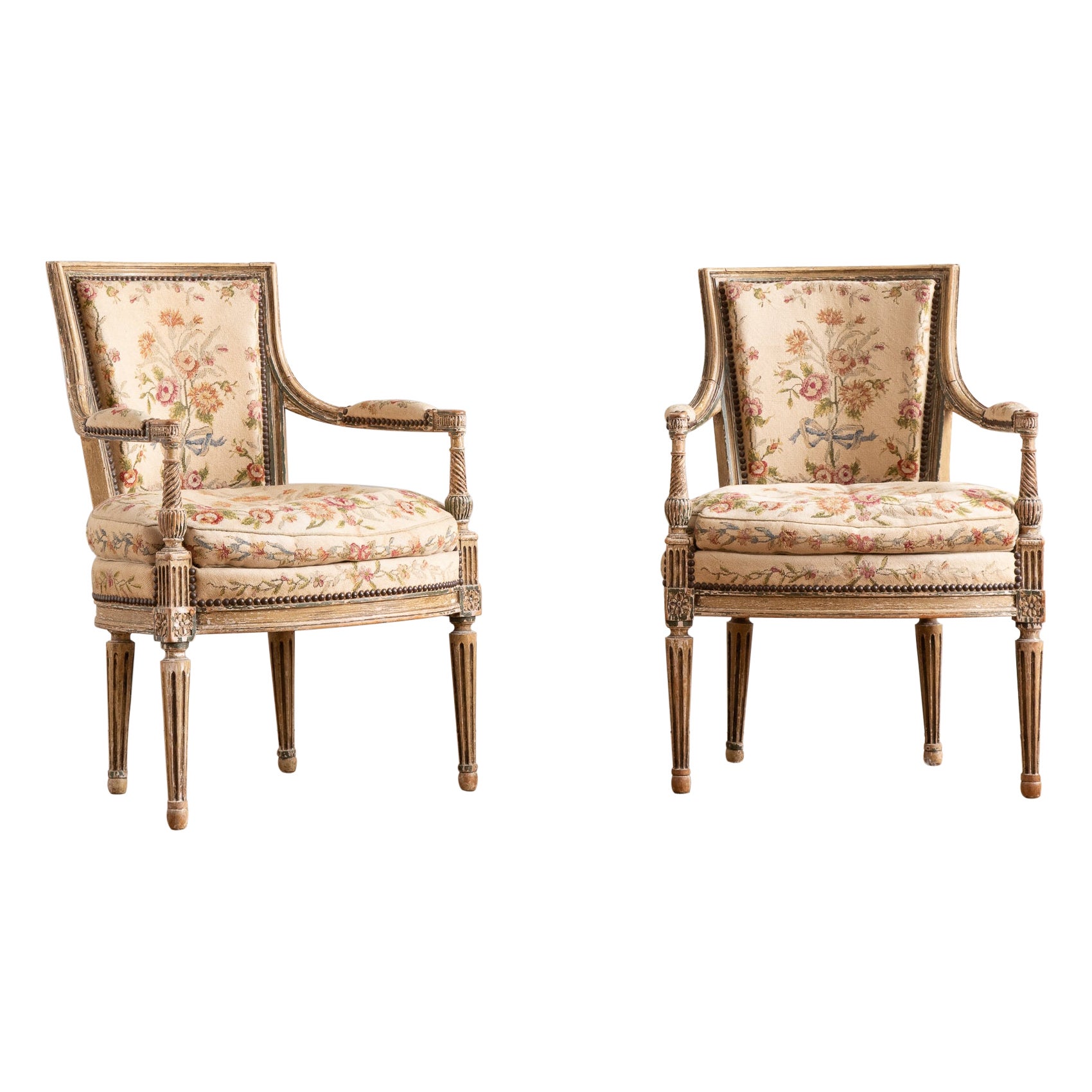 late 19th Pair of Louis XVI style Armchairs with needlepoint upholstery
