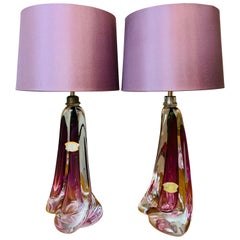 Pair of Belgium Val Saint Lambert Purple & Clear Crystal Glass Table Lamps