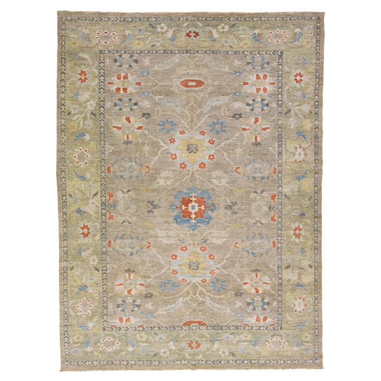 Beige Modern Sultanabad Handmade Floral Motif Wool Rug For Sale at 1stDibs