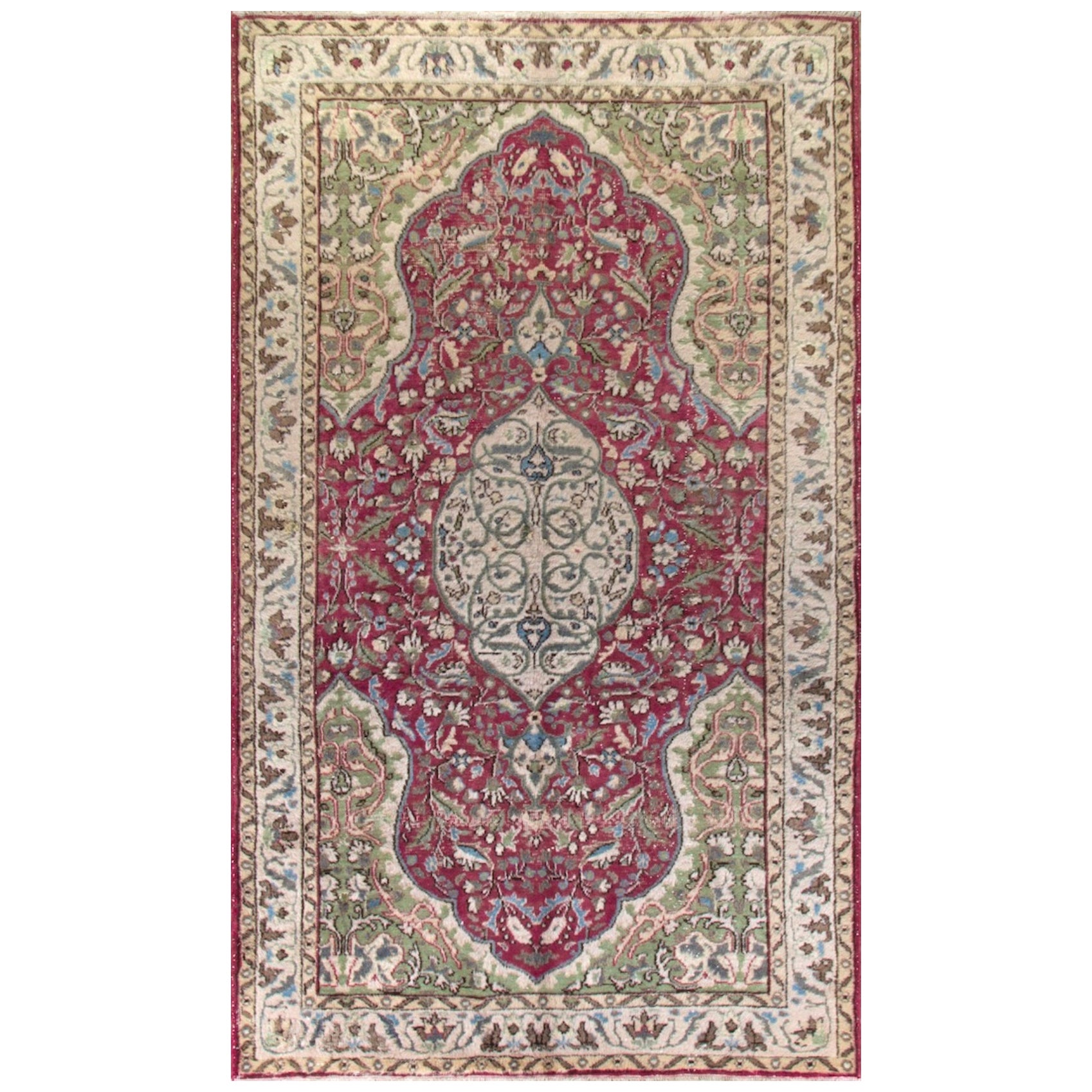 5.6x9.2 Ft Vintage Oriental Rug in Red and Green, Hand Knotted Wool Carpet