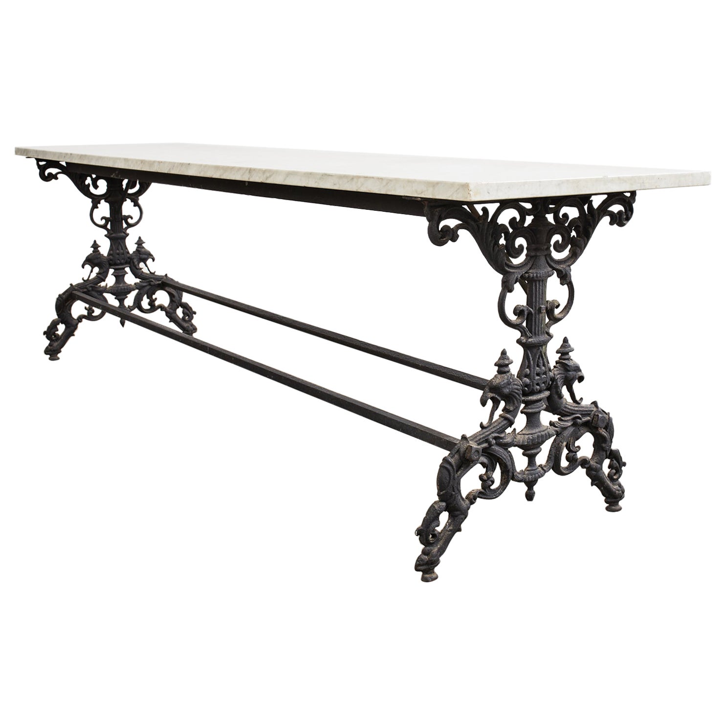 English Cast Iron Marble Top Garden Dining Table or Console