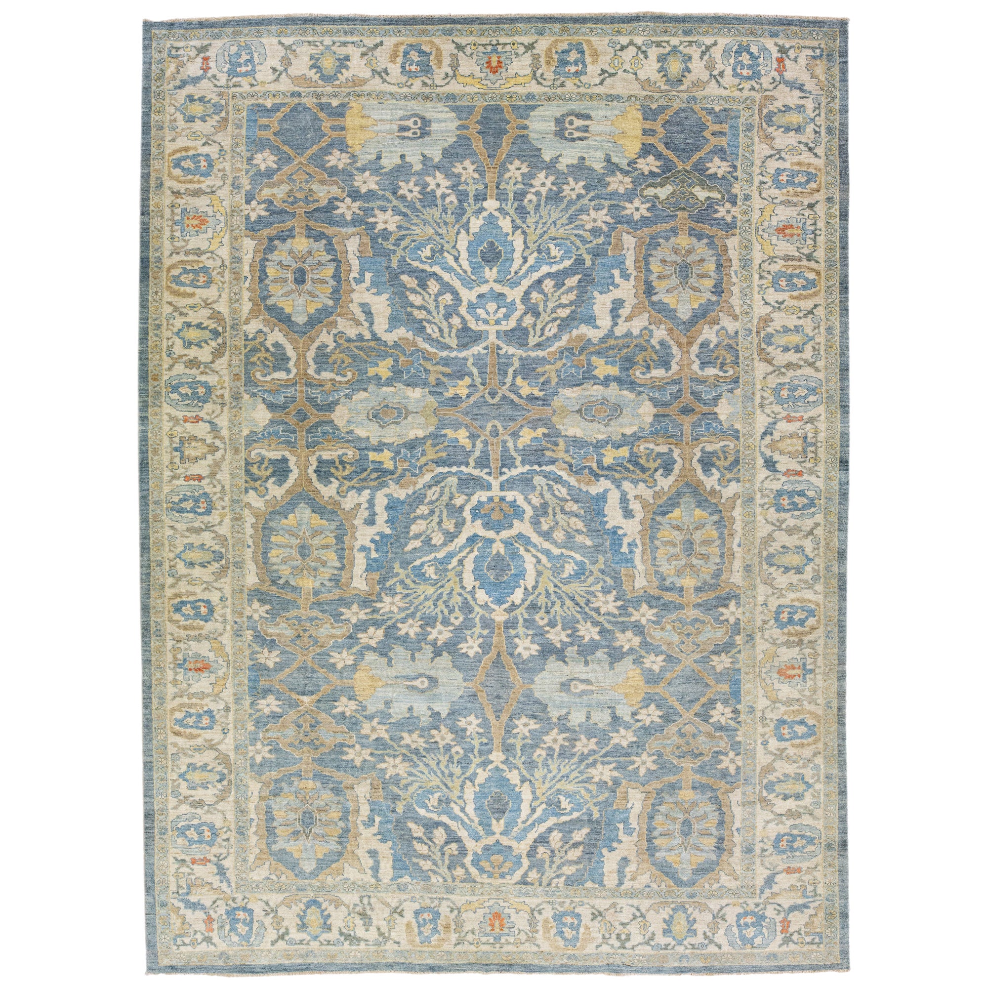 Blue Contemporary Sultanabad Handmade Floral Design Wool Rug For Sale