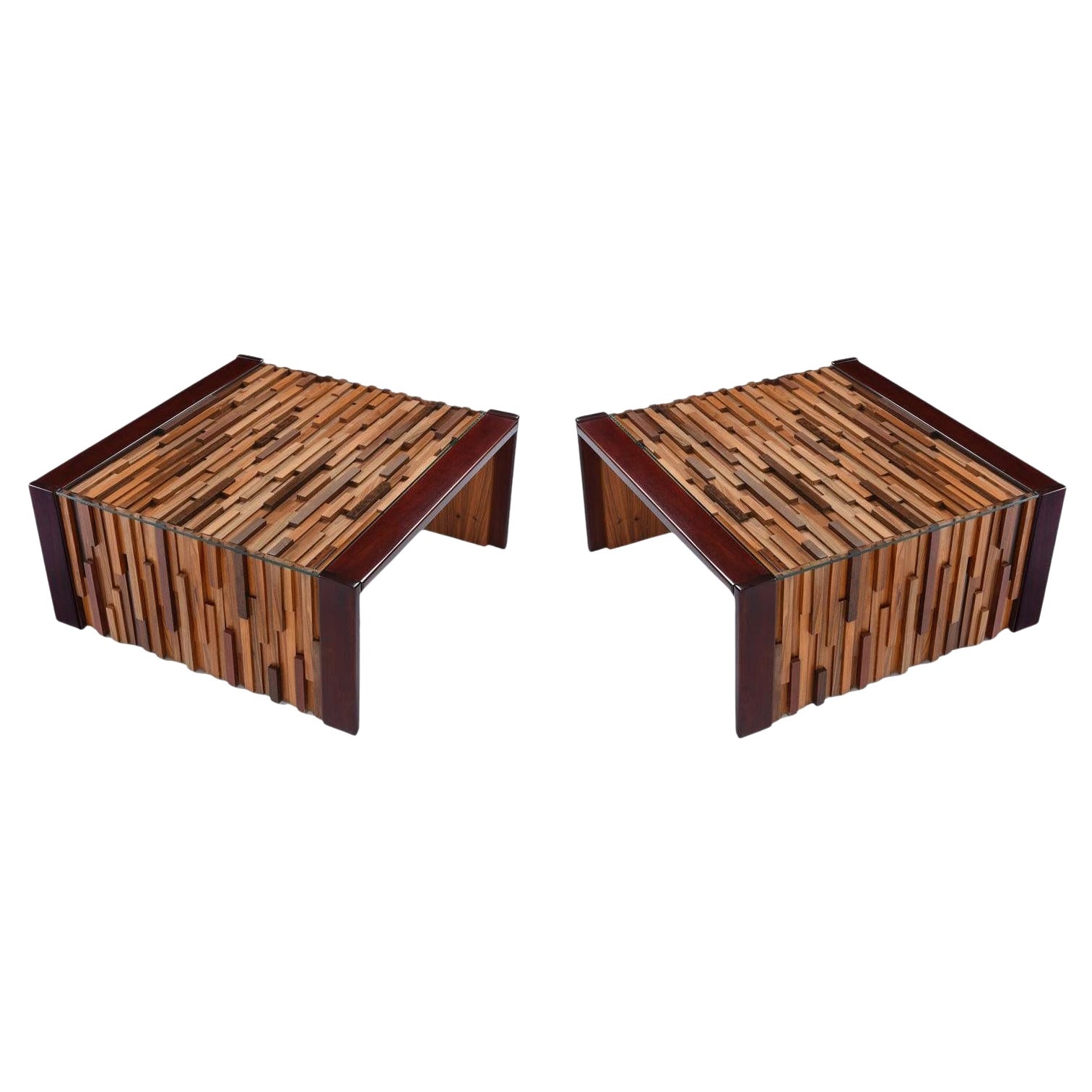 Percival Lafer Brutalist Parkett Hartholz Block Relief Brasilianisch Cocktail Tables