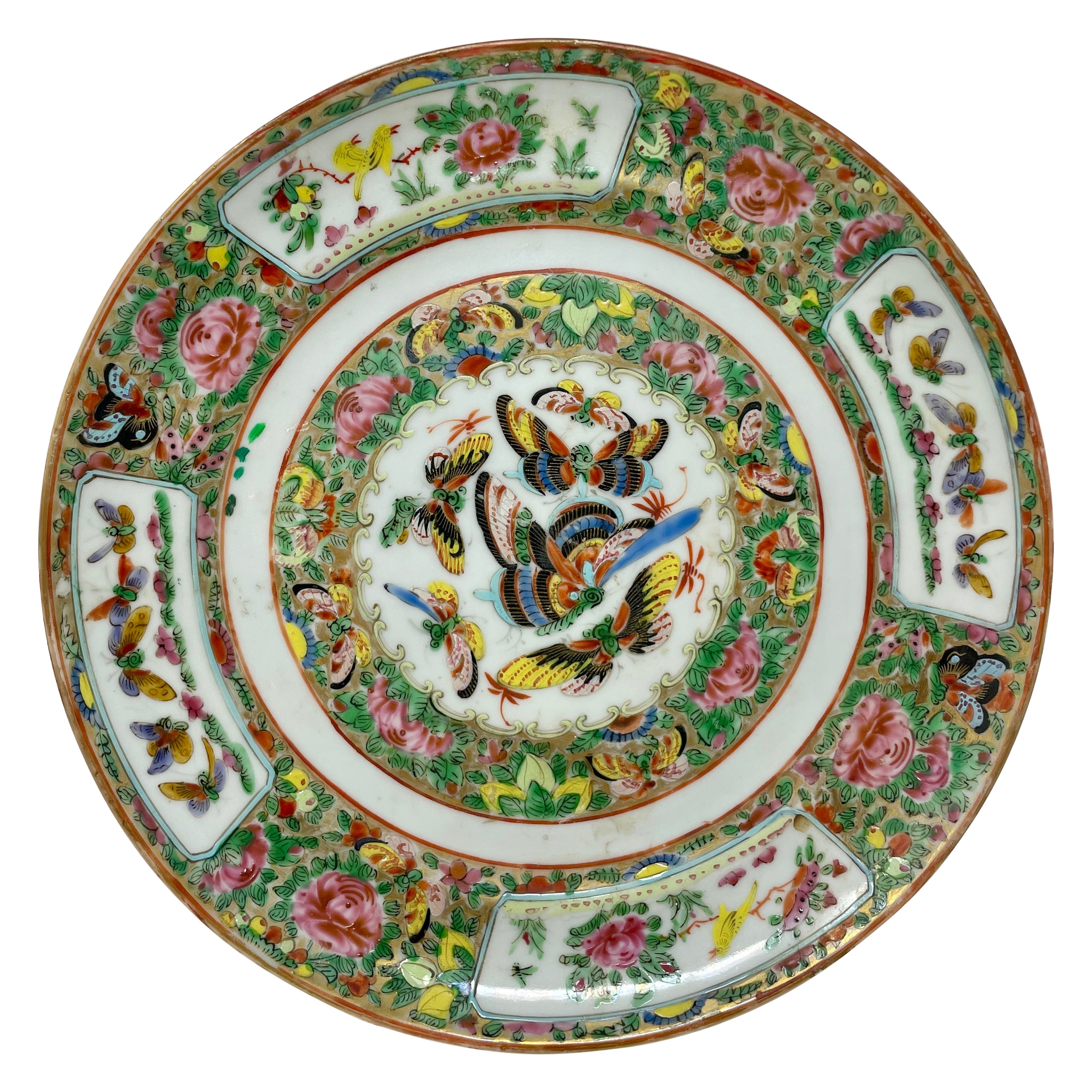 Antique Chinese "Rose Medallion" Porcelain Plate with Butterflies, Ca 1880-1890